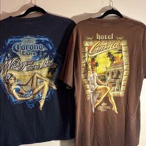 Set of 2 2005 Retro Corona Extra Blue and Brown T-Shirts Large Unisex w/ Pin-Up
